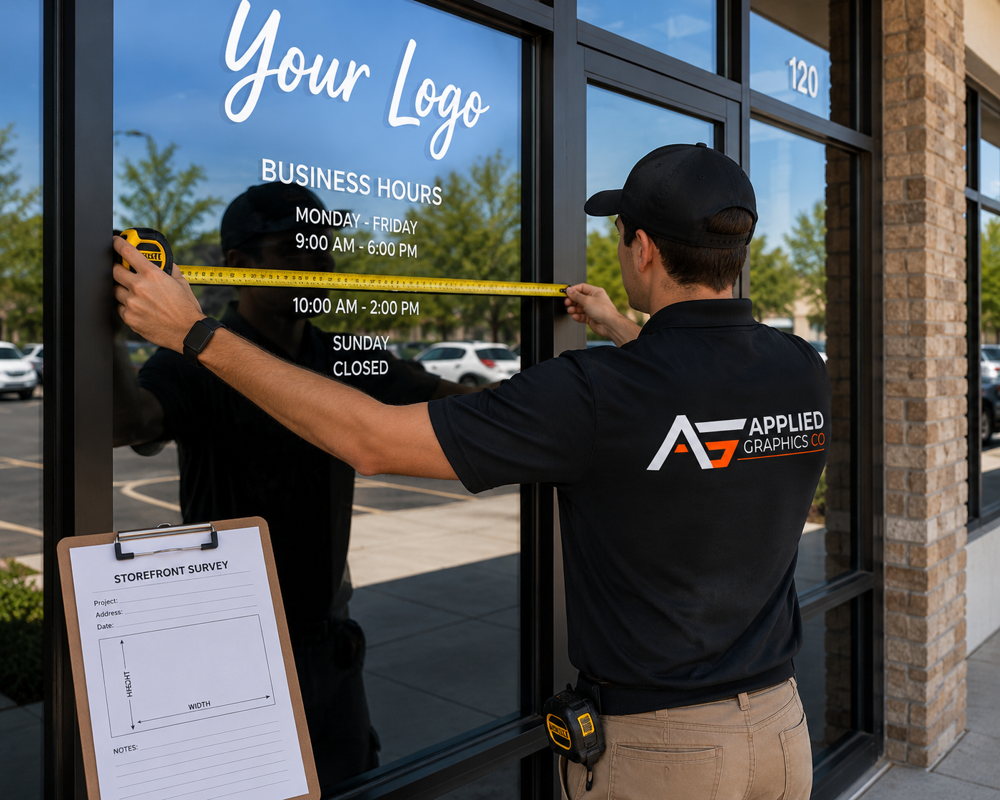 A worker measures the height of a glass storefront door displaying business hours, with a clipboard survey form at an outdoor shopping center.