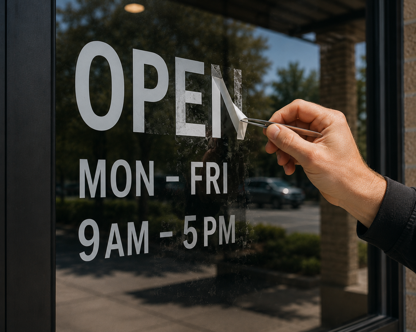 Person peeling off a sticker from the glass door that displays business hours, which are Monday to Friday from 9 AM to 5 PM.