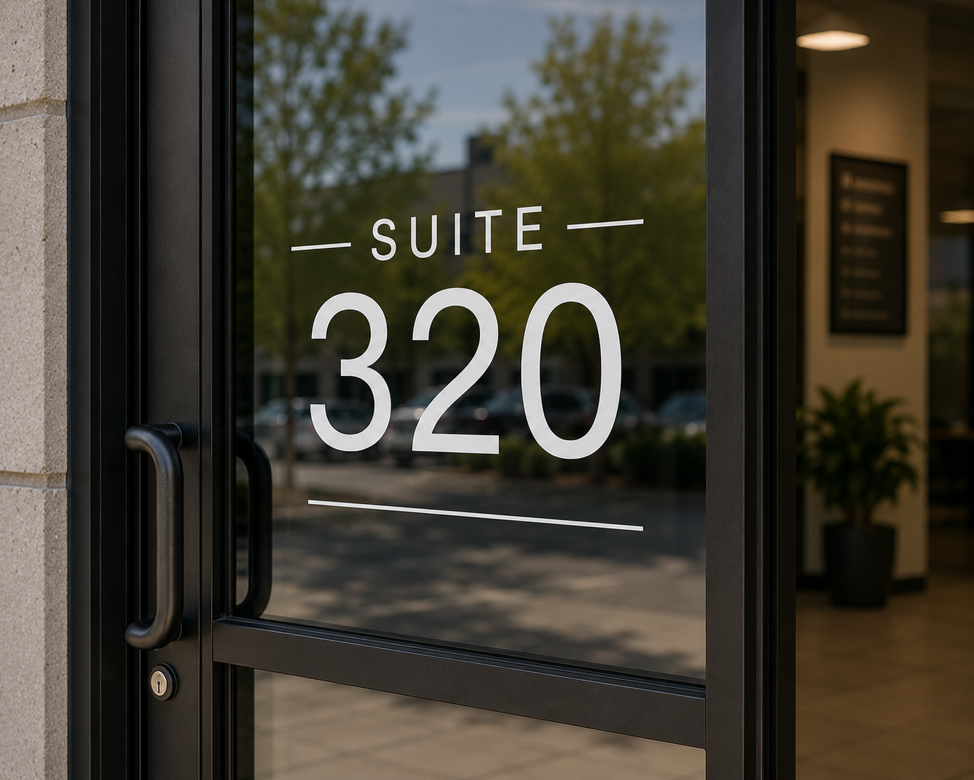 Glass door with a black frame and handle, displaying the address 'SUITE 320' in white text.