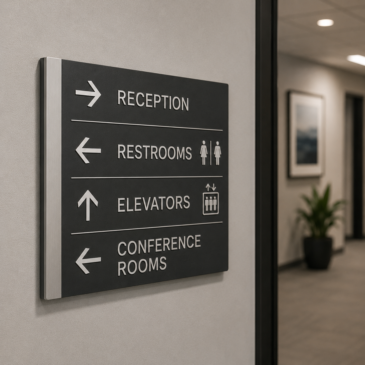 Sign indicating directions to reception, restrooms, elevators, and conference rooms in an office building.