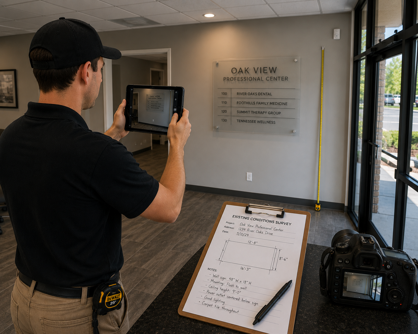 A man taking a photo with a tablet of the interior of a professional center lobby. There is a survey form on a counter and a camera beside it. The man is wearing a black polo shirt and beige pants, with a measuring tape attached to his belt. The professional center sign on the wall lists various health services.
