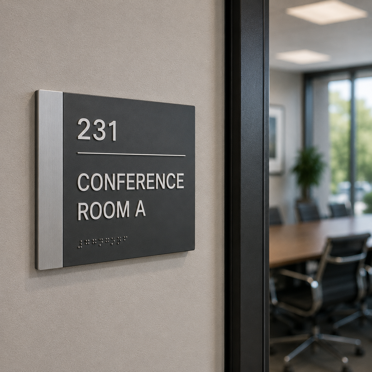 Sign for Conference Room A, room 231, with Braille, mounted on a beige wall, adjacent to a glass door revealing a conference room with chairs, a wooden table, and a potted plant in the background.