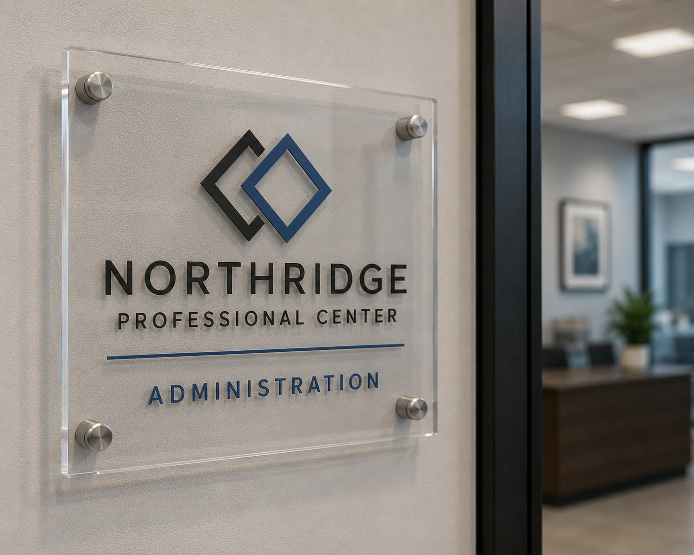 Sign on wall reading Northridge Professional Center Administration, with geometric logo, inside the office building