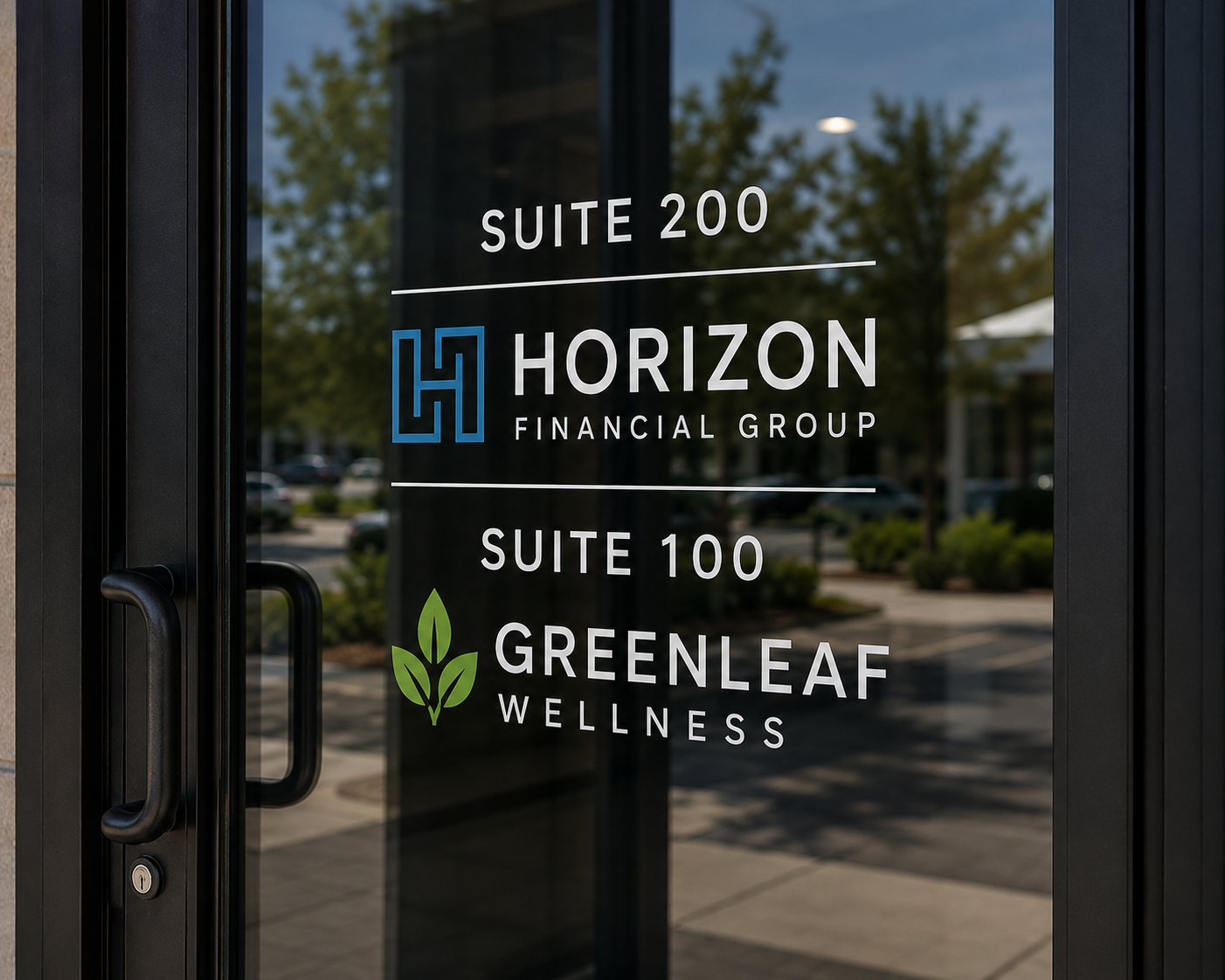 Glass door with signage for Horizon Financial Group and Greenleaf Wellness, indicating Suite 200 and Suite 100 respectively. The sign includes a blue logo, black framing, and reflects trees and parking lot outside.
