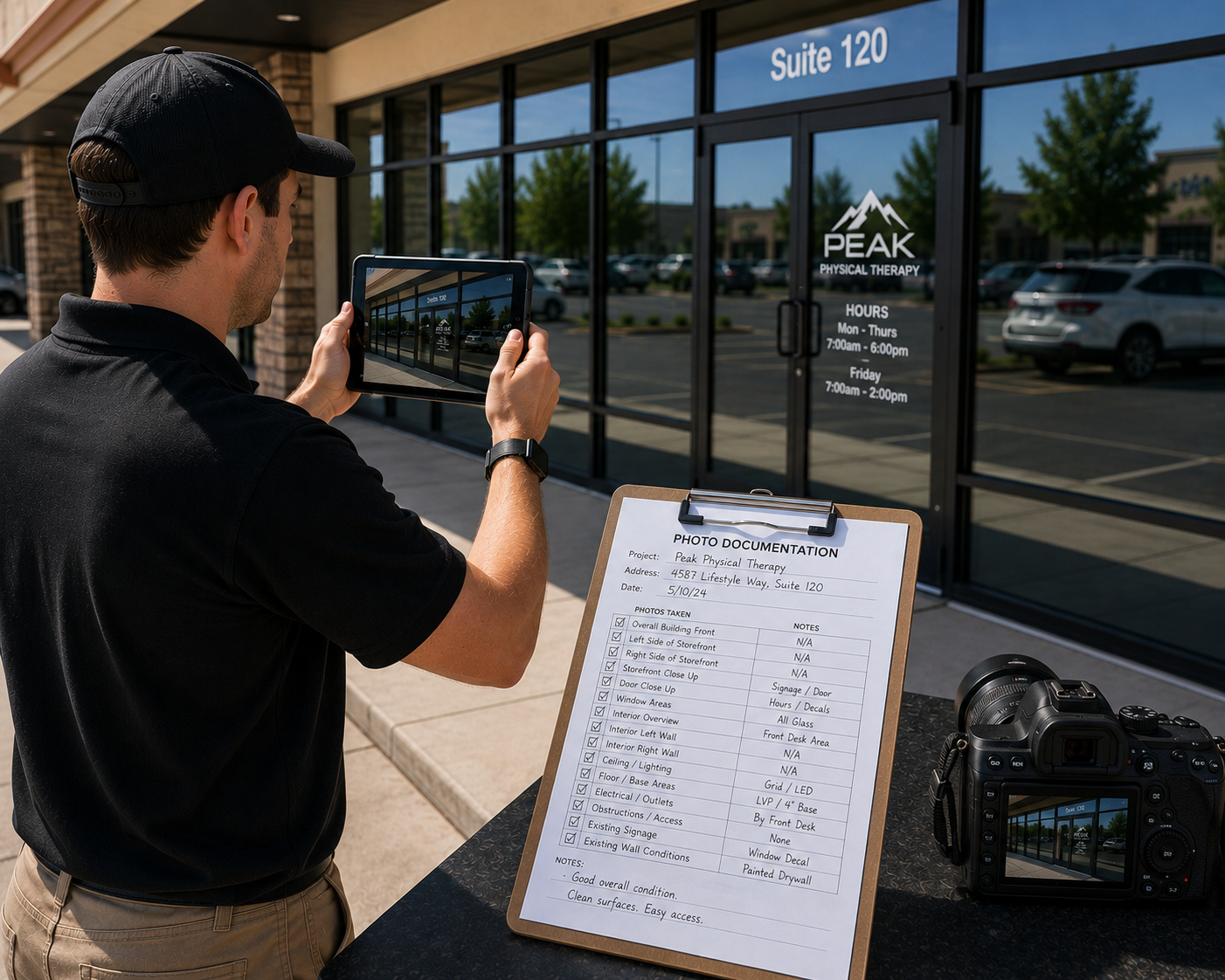 A man wearing a black cap and black polo shirt takes a photo of the exterior of a physical therapy clinic called Peak Physical Therapy with a smartphone. There is a clipboard with a photo documentation checklist on the table, a professional camera, and the clinic's glass door showing hours of operation.
