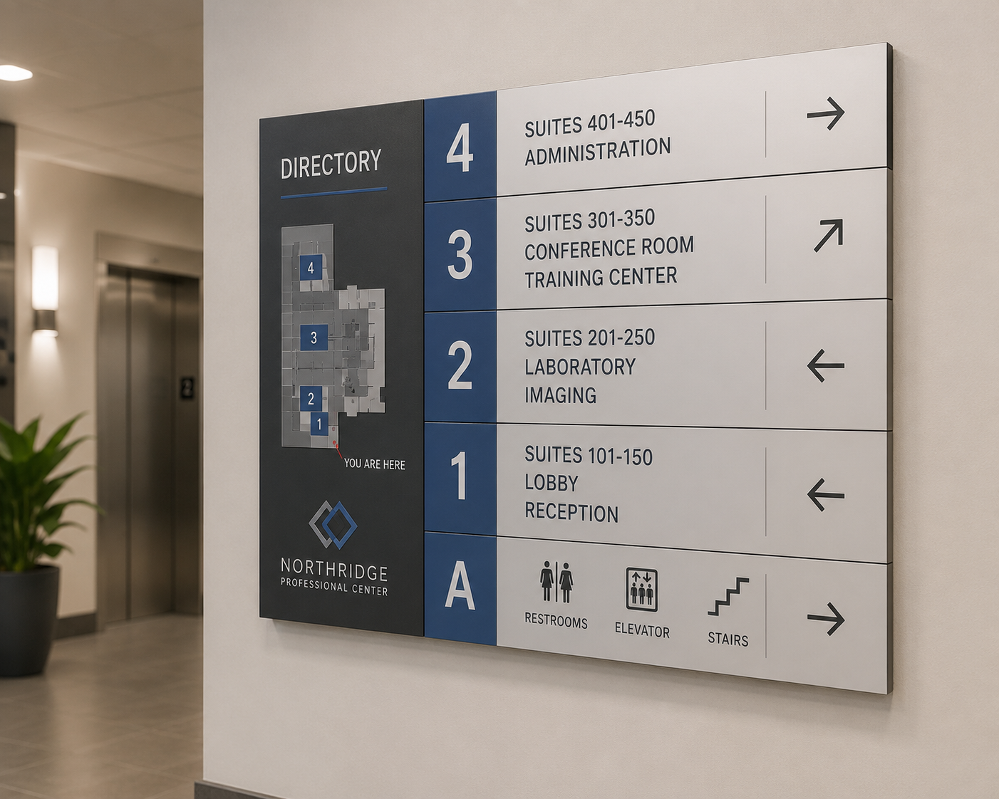 Hospital directory sign showing floors 1 through 4 and A, with arrows indicating directions for each level. Floor 4 has suites 401-450 and administration, floor 3 has suites 301-350, conference room, and training center, floor 2 has suites 201-250, laboratory, imaging, and floor 1 has suites 101-150, lobby, and reception. Icons for restrooms, elevator, and stairs are at the bottom, with arrows guiding directions.