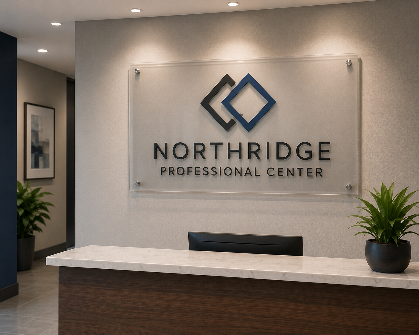 Reception desk at Northridge Professional Center with a sign on the wall, plants on either side, and framed artwork on the wall.