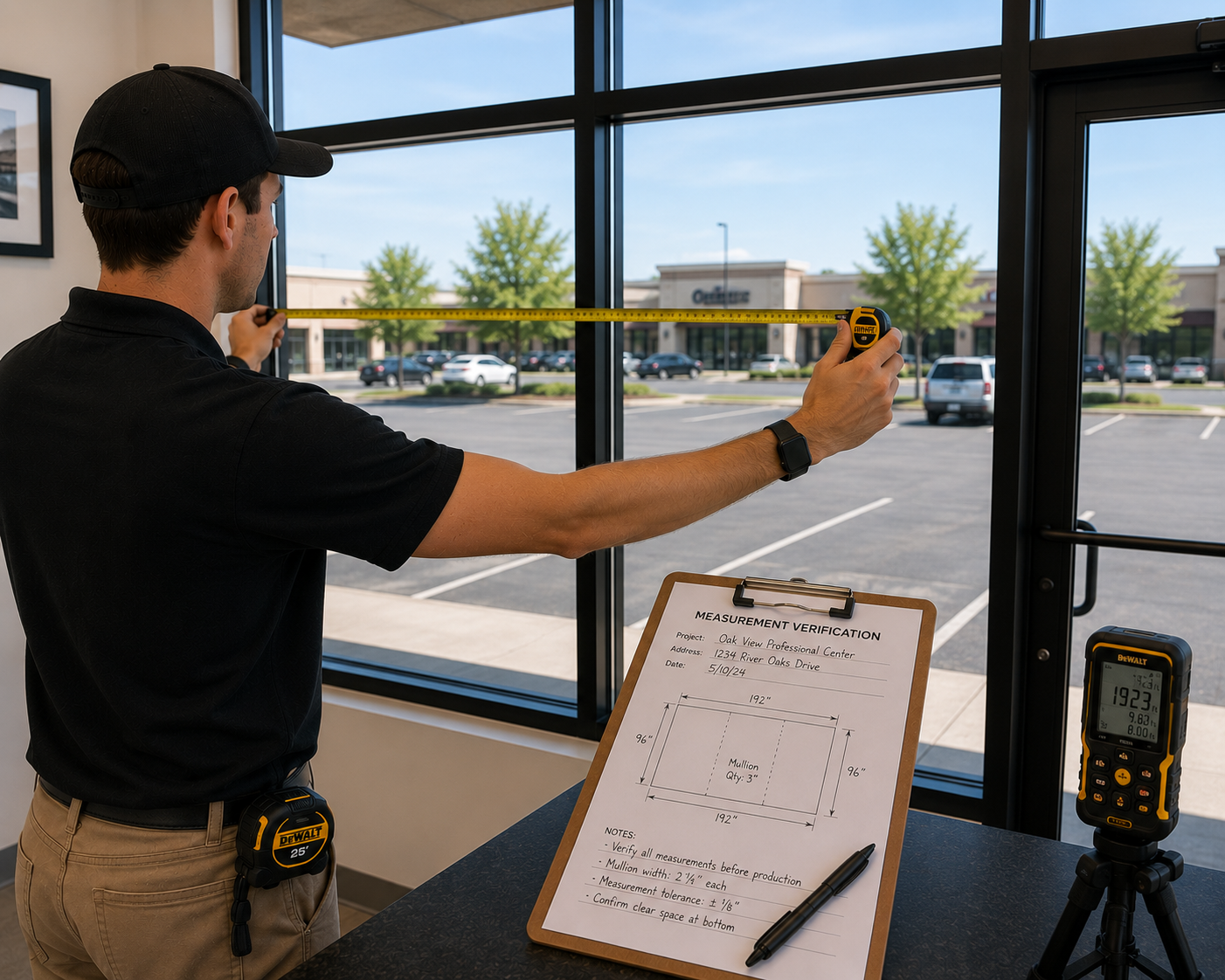 A person measuring the width of a window using a tape measure during a measurement verification process at a professional center, with a clipboard detailing specifications and additional measuring equipment on the countertop.