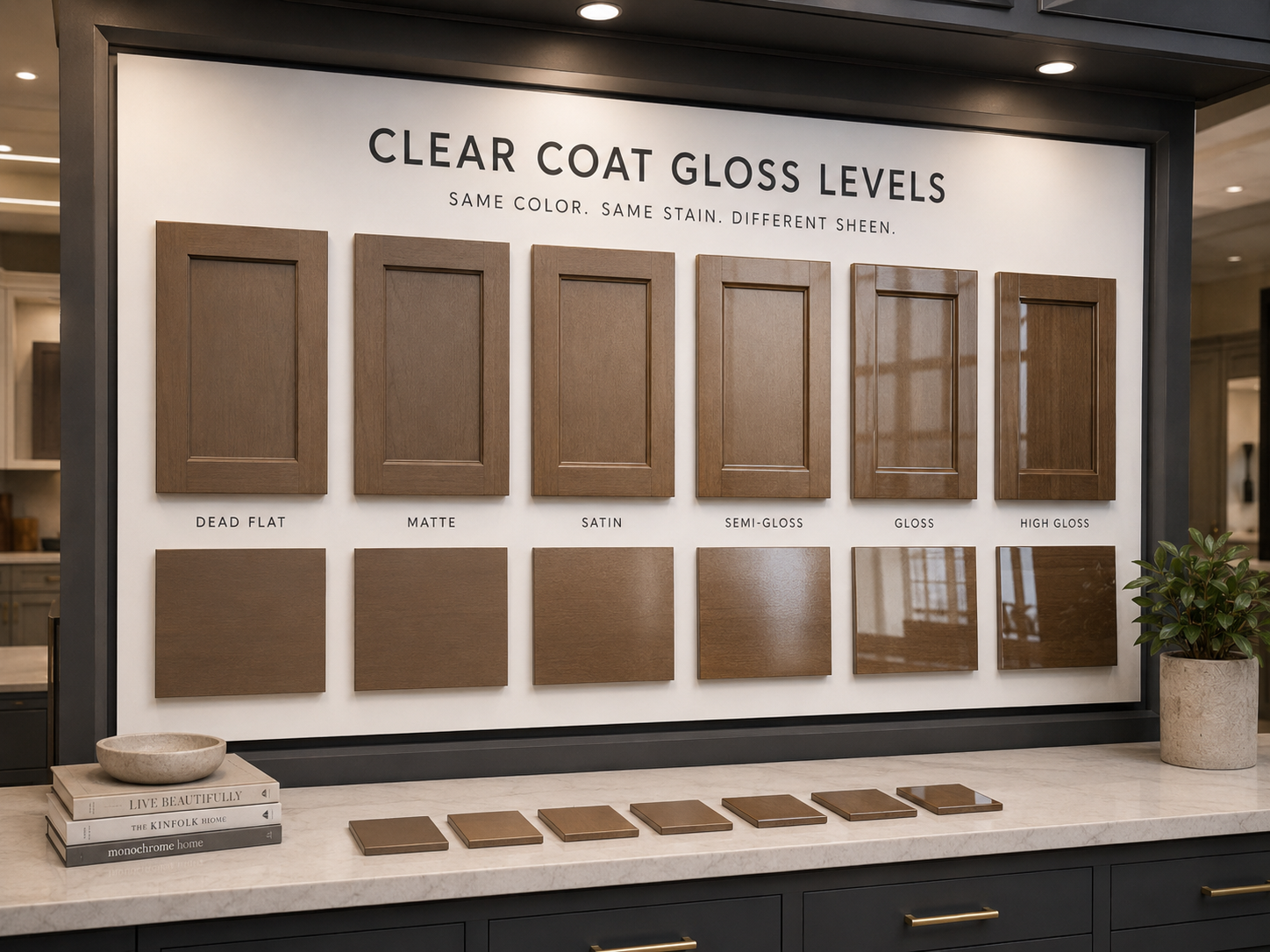 Display of wood paint samples showing different clear coat gloss levels: dead flat, matte, satin, semi-gloss, gloss, and high gloss, with sample swatches and labels.