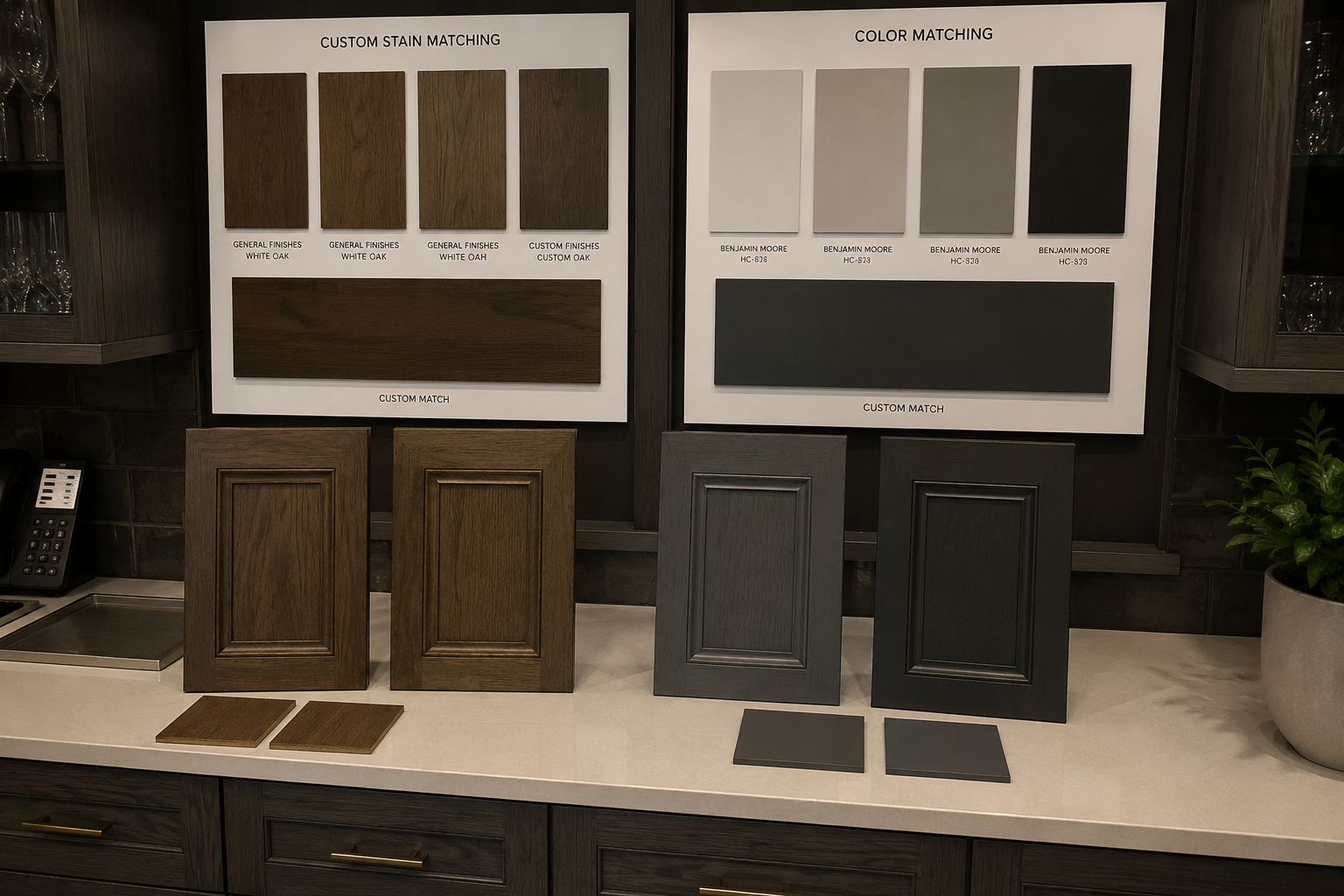 Display of wood stain samples, color samples, and cabinet door samples in a showroom.