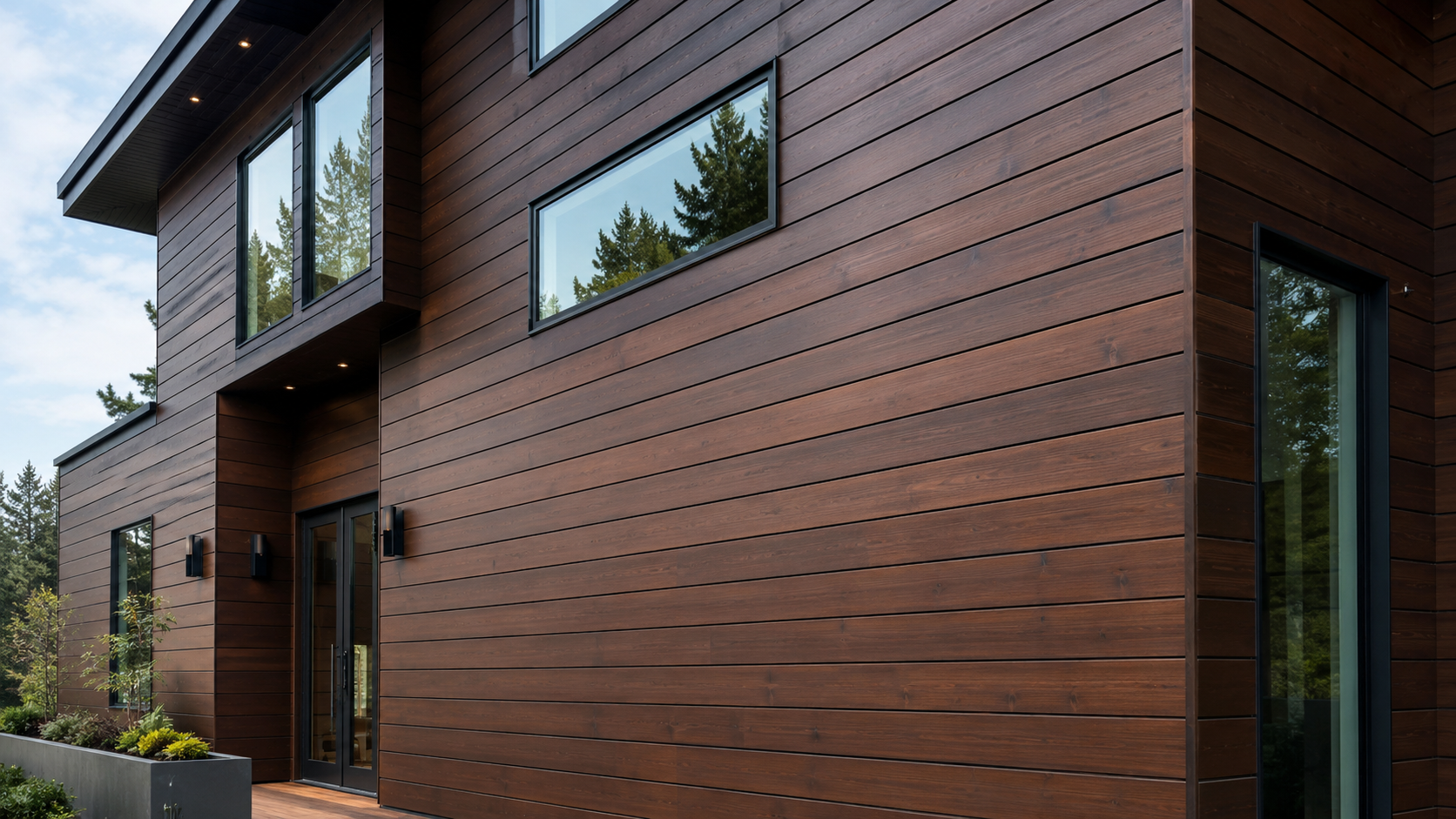 Modern house with dark wood exterior, large windows, and landscaped front yard.