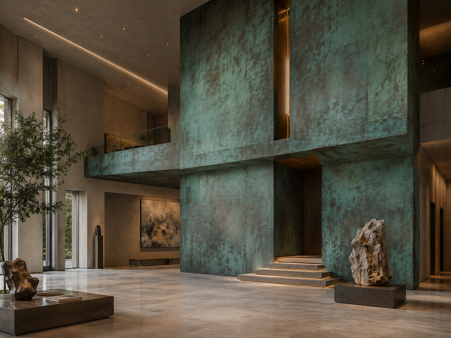 Interior of a modern building with a large teal-colored textured wall, steps leading to an upper level, sculptures on display, and large windows allowing natural light.