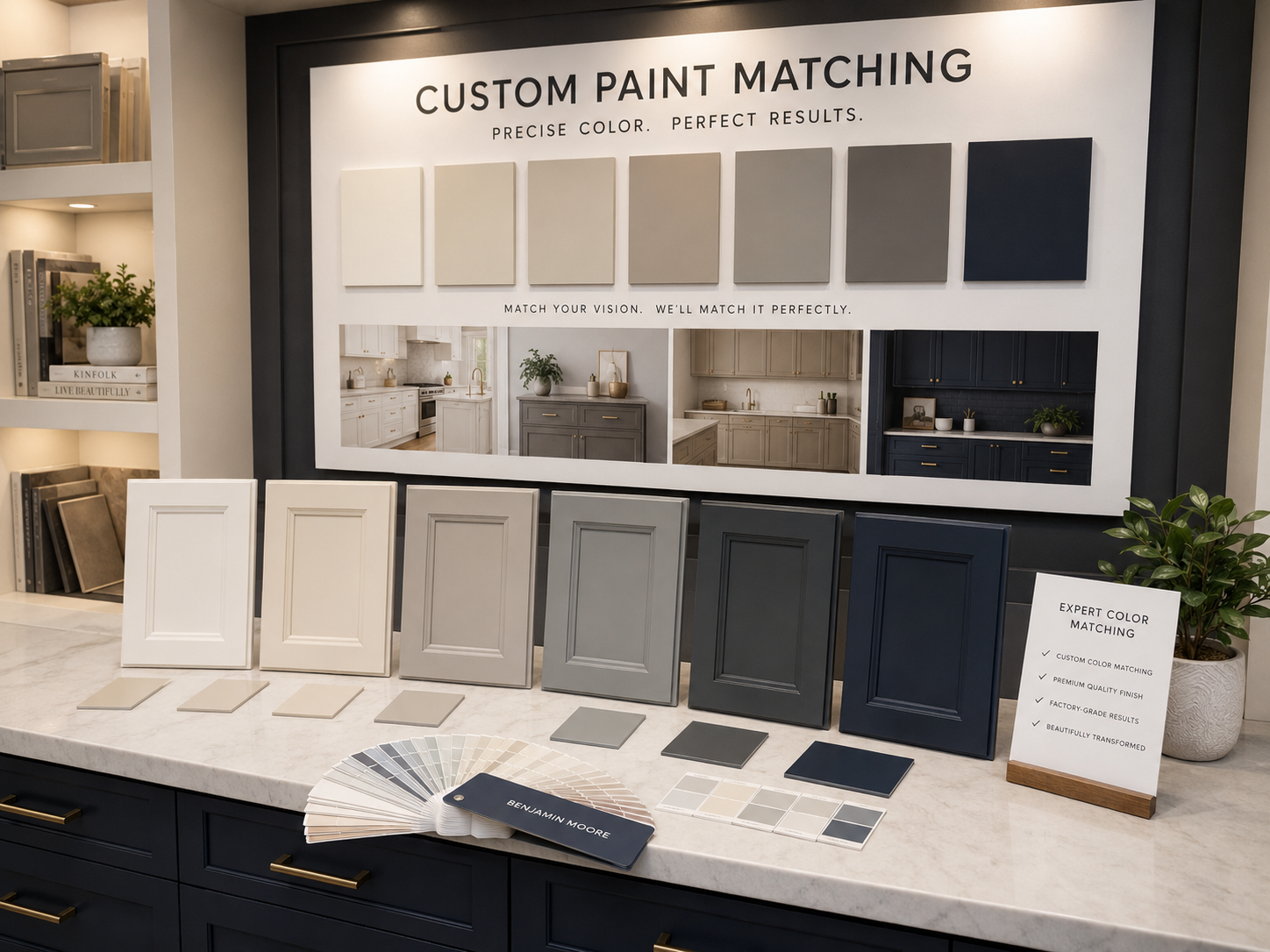 Display of color swatches for custom paint matching, featuring shades from white to dark navy, with kitchen photos showing these colors used in cabinetry.