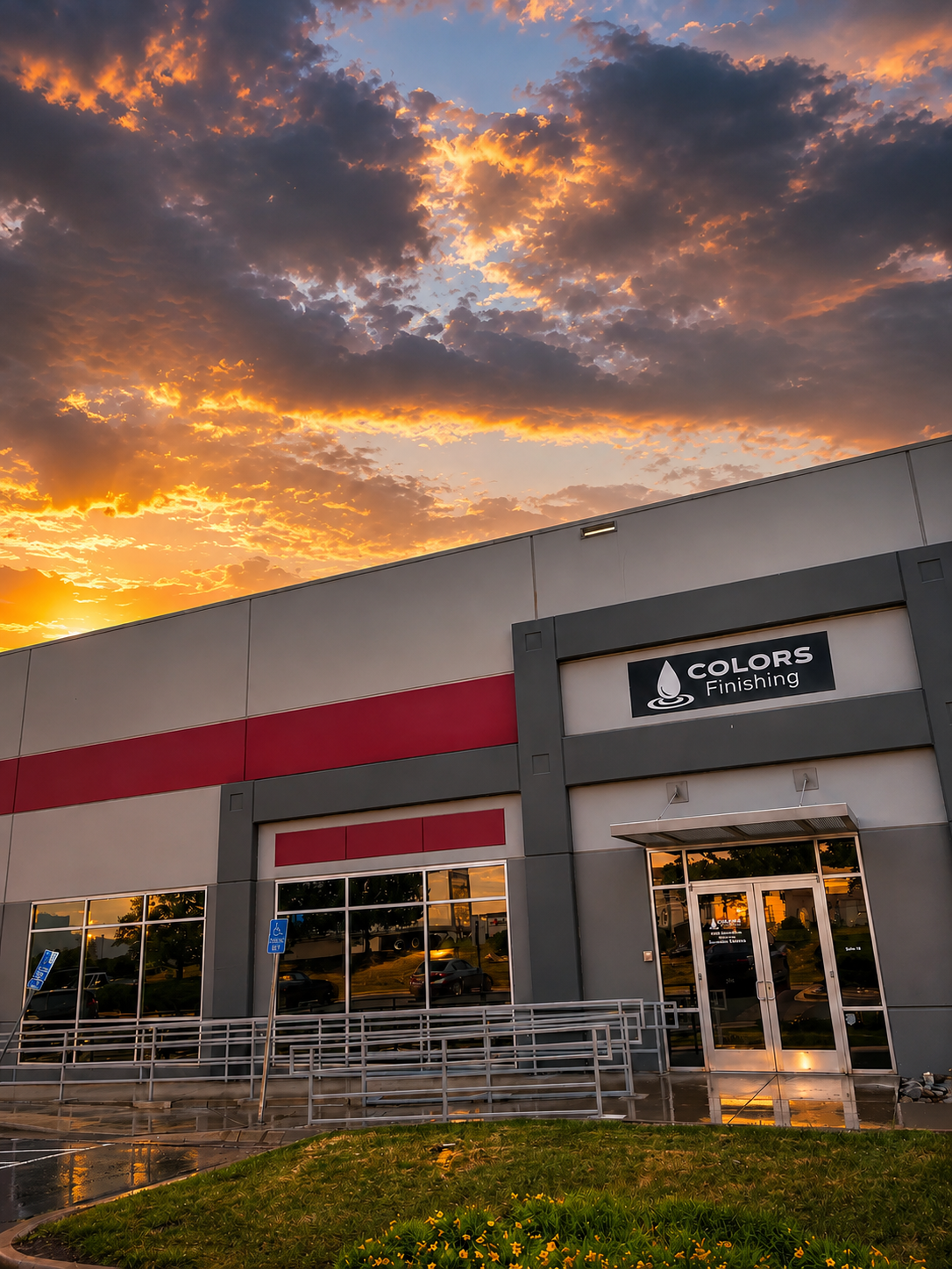An industrial building with a sign reading 'Colors Finishing' under a dramatic sunset sky with orange and purple clouds.