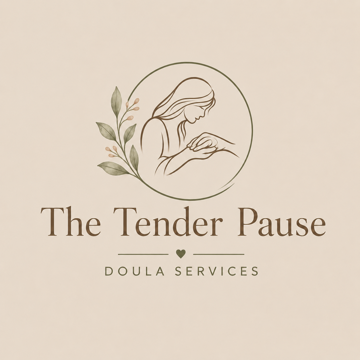Logo for The Tender Pause Doula Services featuring a line drawing of a woman holding a baby's hand, surrounded by a circle with a leafy branch, and the text "The Tender Pause" and "Doula Services".