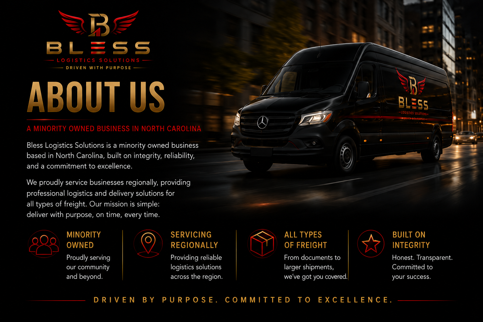 A black delivery van with Bless Logistics Solutions logo, featuring red wings and stylized 'B', parked on a city street at night, with illuminated buildings in the background.