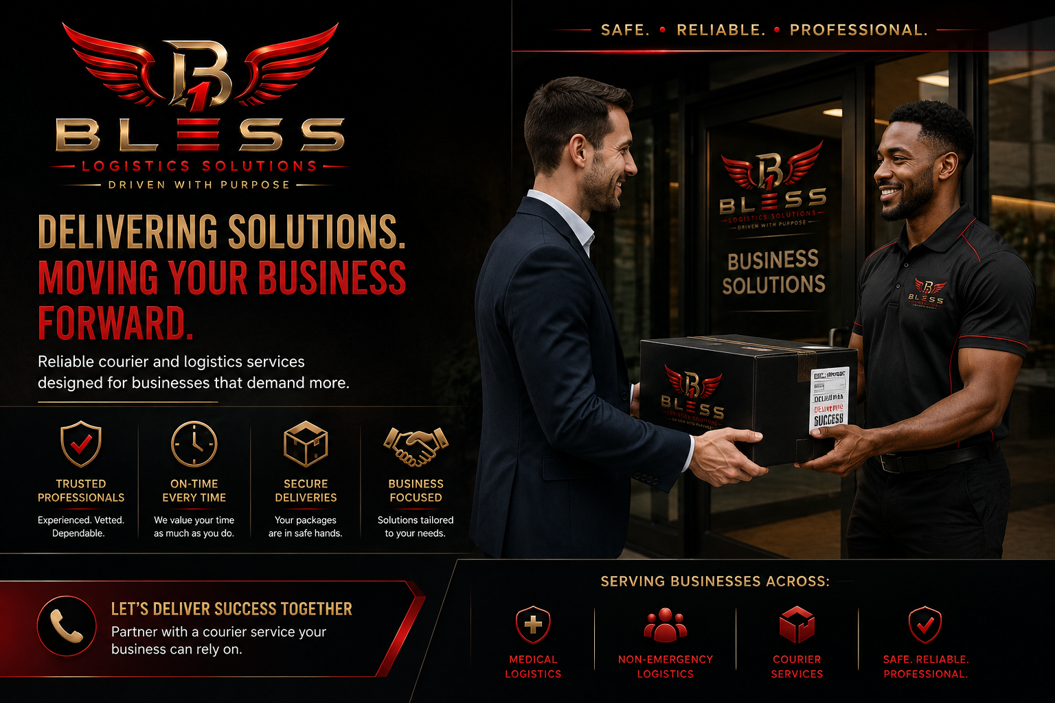 A promotional graphic for Bless Logistics Solutions showing two men exchanging a package outside an office, with the company's branding and various service descriptions and icons.