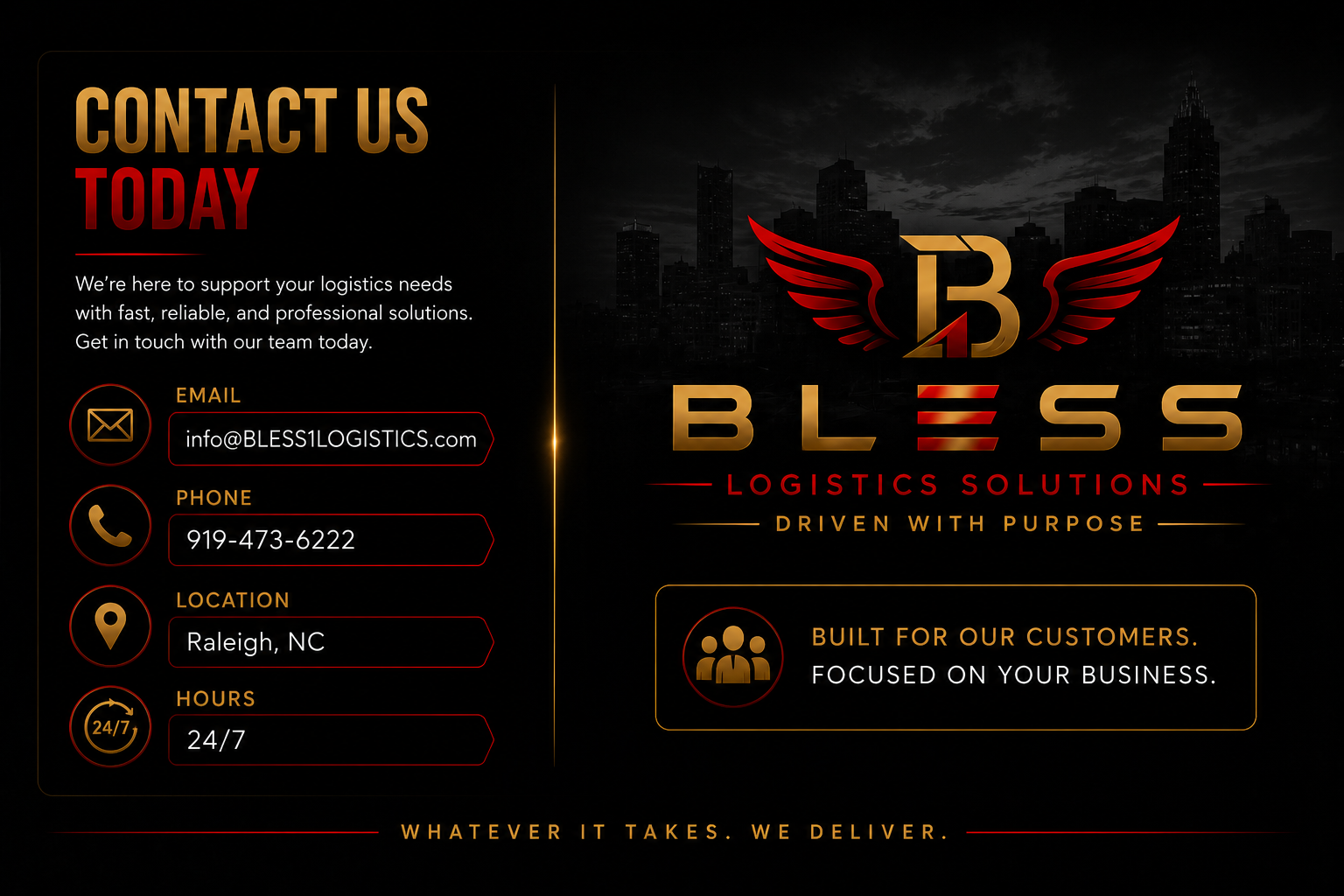 Black promotional flyer for Bless Logistics Solutions featuring contact information including email, phone, location, and hours. The flyer has a city skyline background, a logo with a stylized 'B' with wings, and the tagline 'Driven with Purpose'.