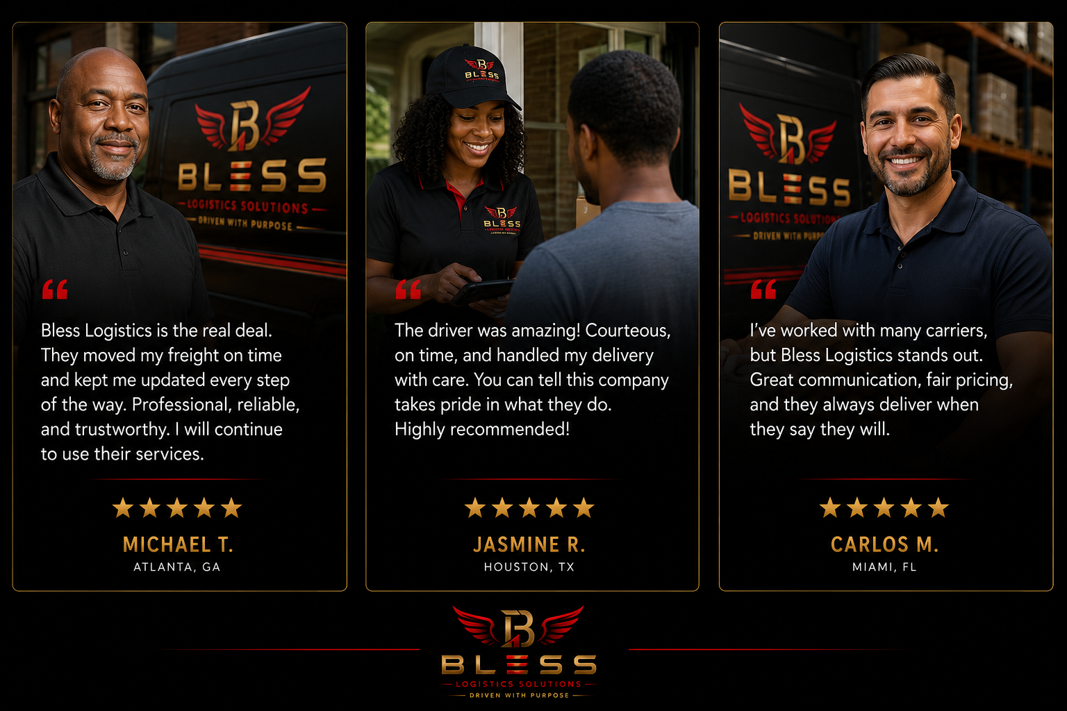 Customer testimonials for Bless Logistics Solutions featuring three individuals, each with a quote about their positive experience, their names, and locations. The background displays the Bless Logistics logo and branding.