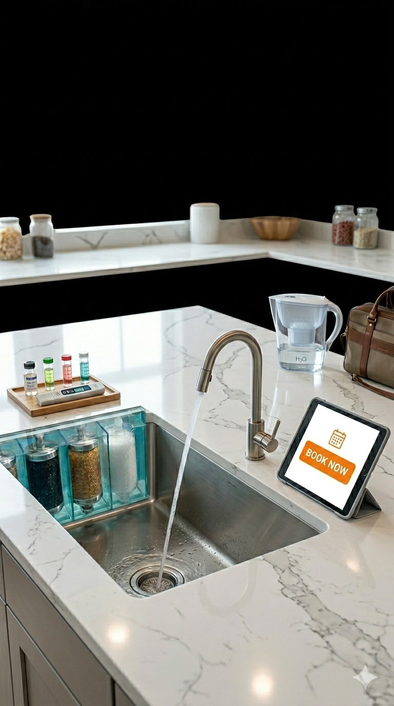 Modern kitchen island with a marble countertop, a sink with a running faucet, a tablet displaying a booking app, and various kitchen items including spice jars and a water pitcher.