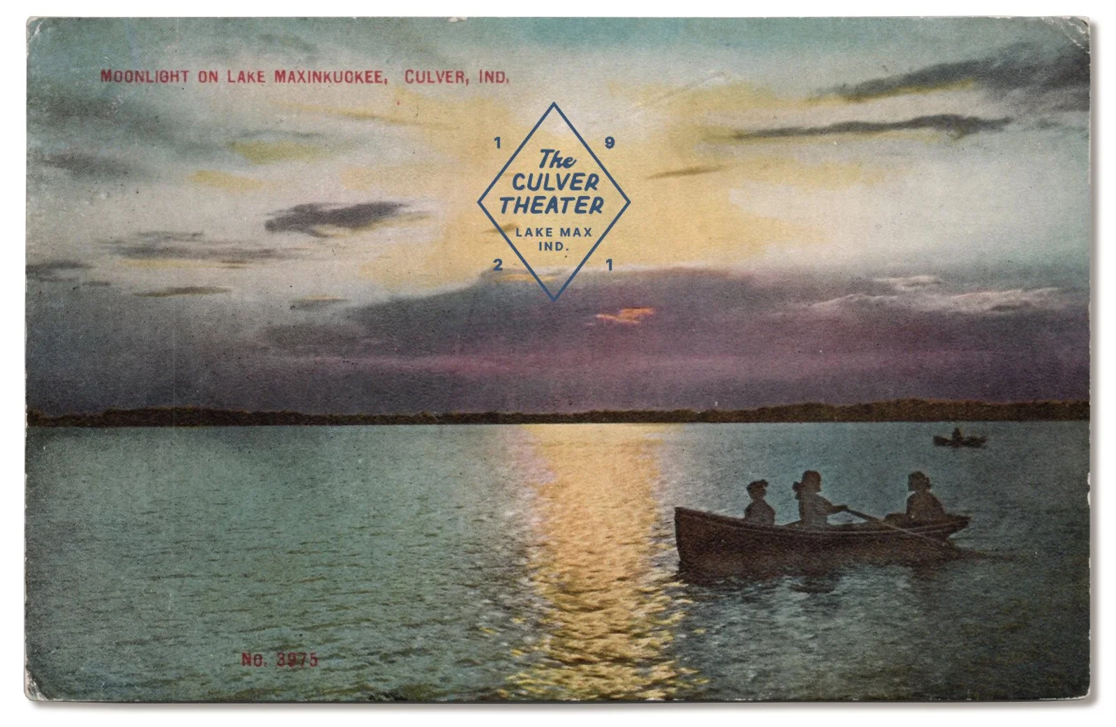 Sunset over Lake Maxinkuckee with three people in a boat on the water, and a printed message about a moonlit scene at Culver, Indiana, on a vintage postcard for the Culver Theater.