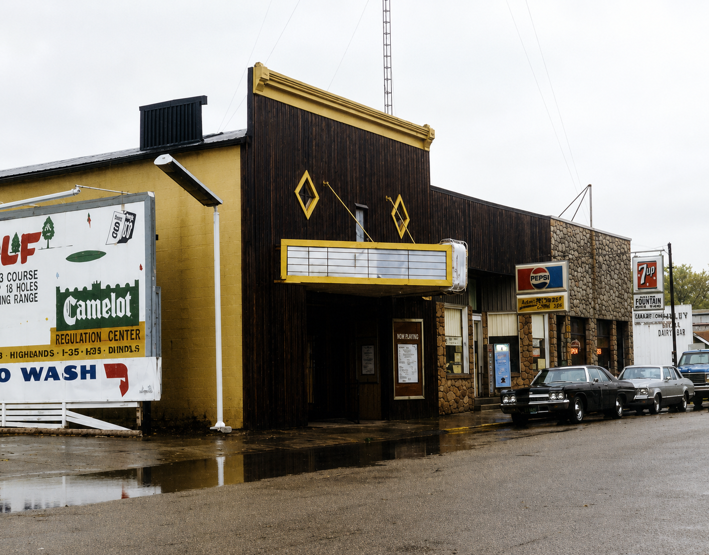 A vintage roadside building with a sign for Pepsi and 7-Up, parked cars in front, and a wet street suggesting recent rain.