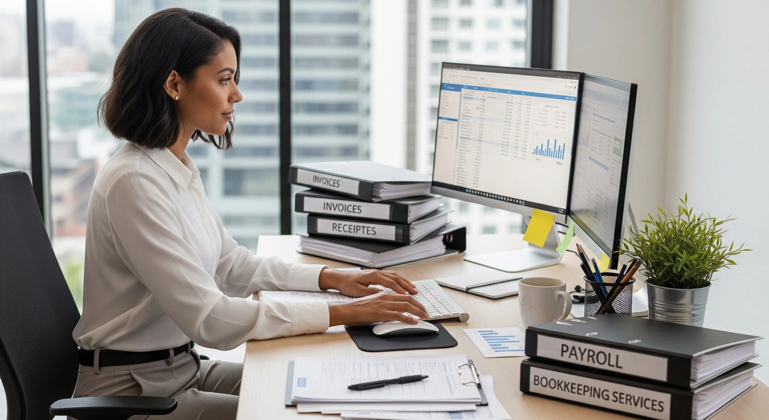 A woman working at an office desk with two computer monitors, binders labeled invoices and receipts, a potted plant, and several documents and writing tools.