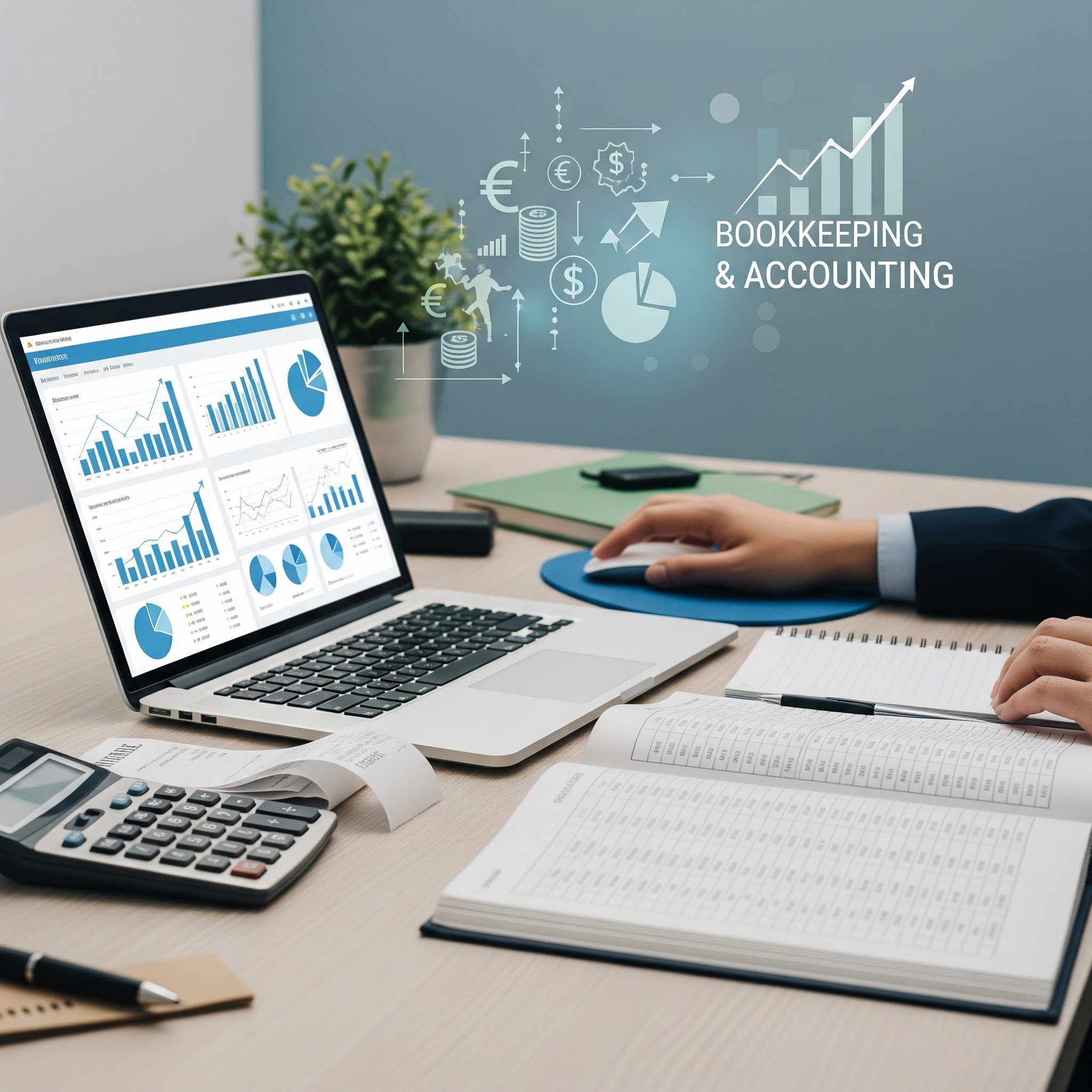 Desk with a laptop displaying financial graphs, a calculator, a notebook, and documents, with a wall in the background showing the words 'Bookkeeping & Accounting' and financial icons.