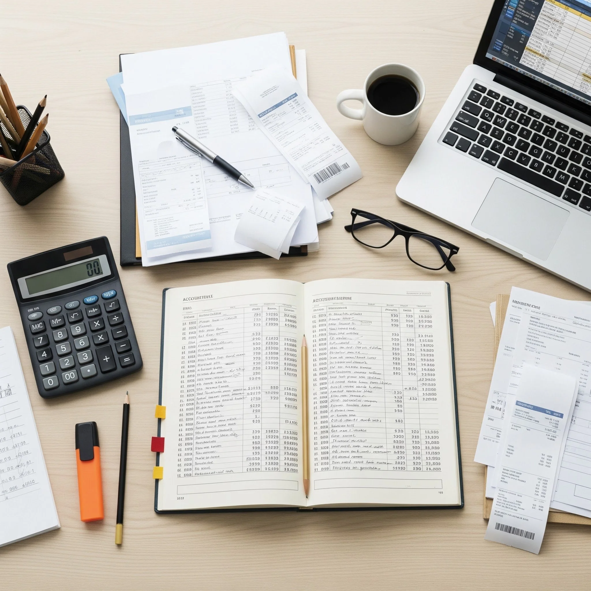 A desk with scattered receipts, a pen, a pencil, a calculator, a pair of eyeglasses, a laptop, a mug of coffee, and some colored highlighters.