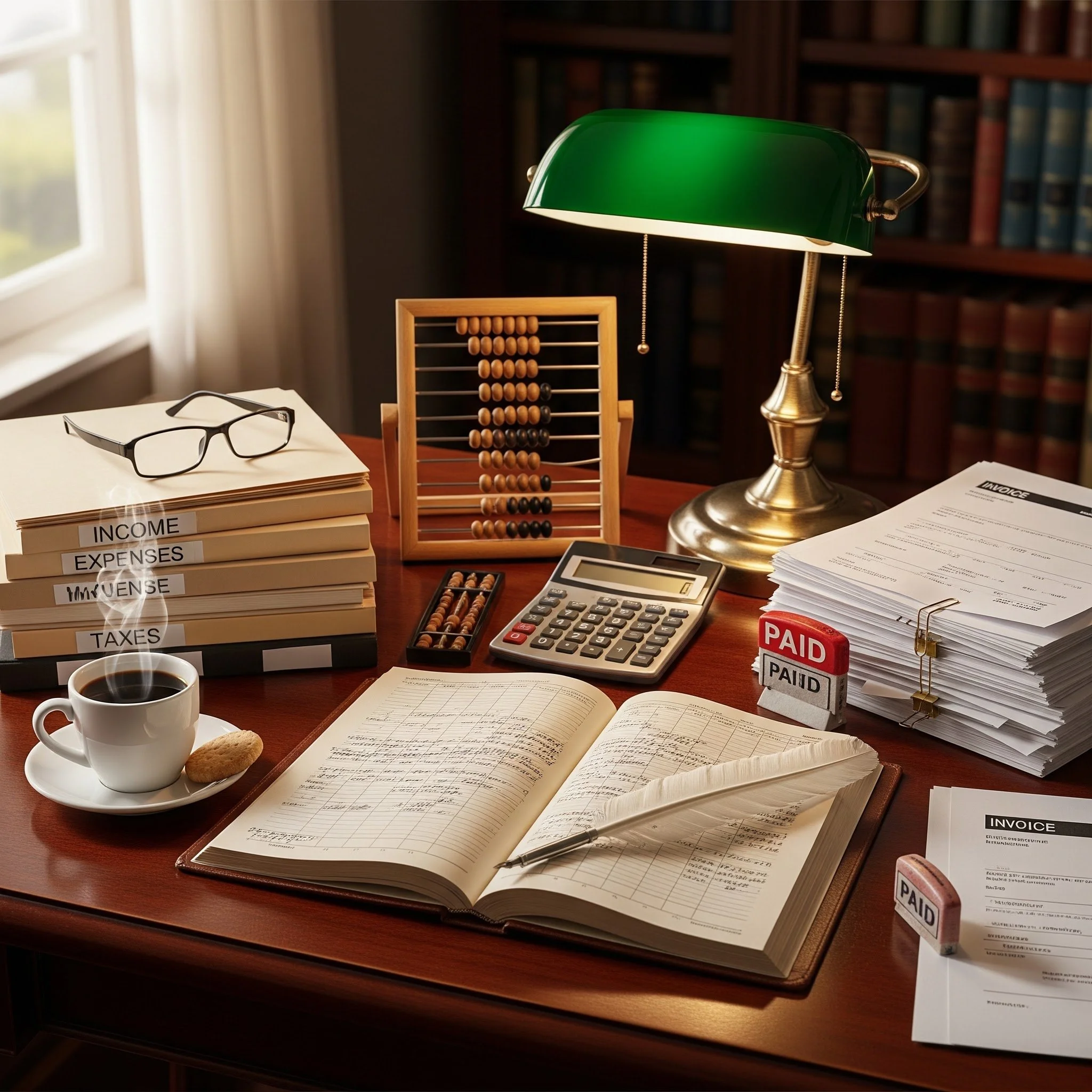A desk with a green banker’s lamp, a pair of reading glasses, a stack of folders labeled 'Income,' 'Expenses,' 'Unexpense,' and 'Taxes,' an open ledger, a calculator, a pen, batteries, and several stacks of papers, with a cup of coffee and a cookie in the foreground, and a window with curtains and a bookshelf in the background.