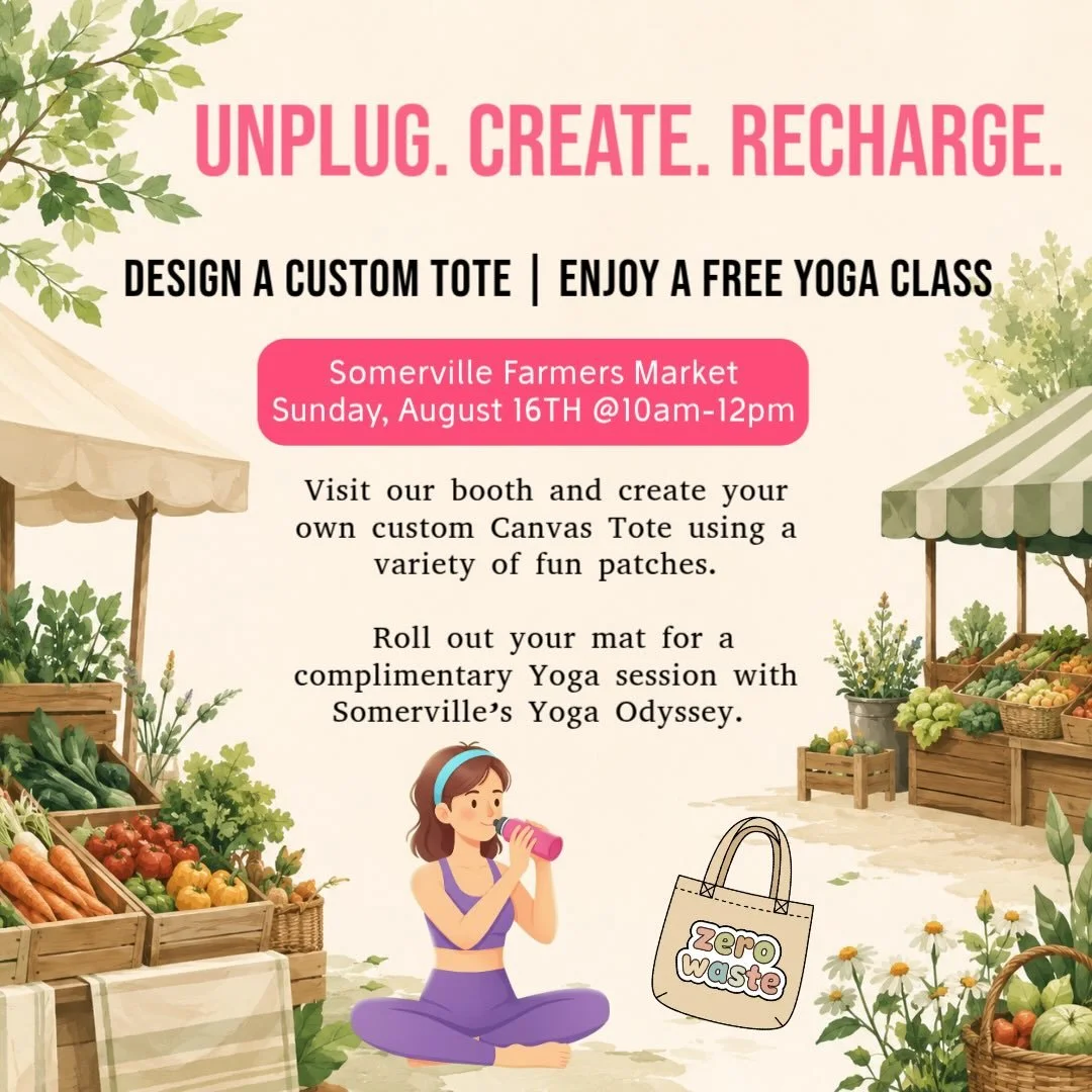 First pop up at Somerville Farmers market in collaboration @yogaodysseynj 
Here is your itinerary for Sunday August 16th 

Take a yoga class, design a tote bag, then shop at the farmers market!

Location: Somerville Middle School parking lot, 51 West