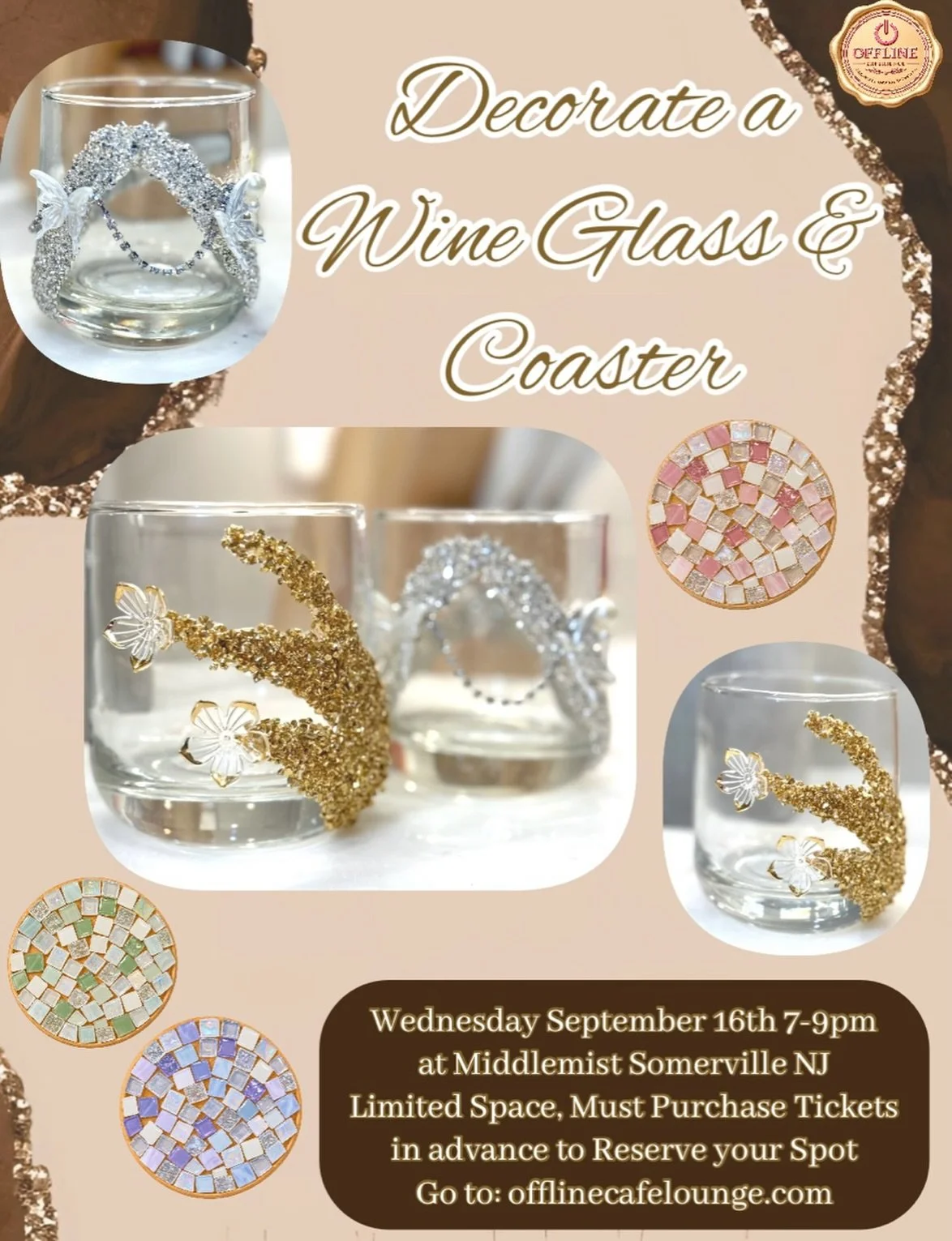 ✨ Less than TWO WEEKS away! ✨

Join us for a creative night with Offline Experience and design your very own wine glass + mosaic coaster

Think gems, sparkle, good vibes, and a night to slow down, get creative, and do something a little different. 💕