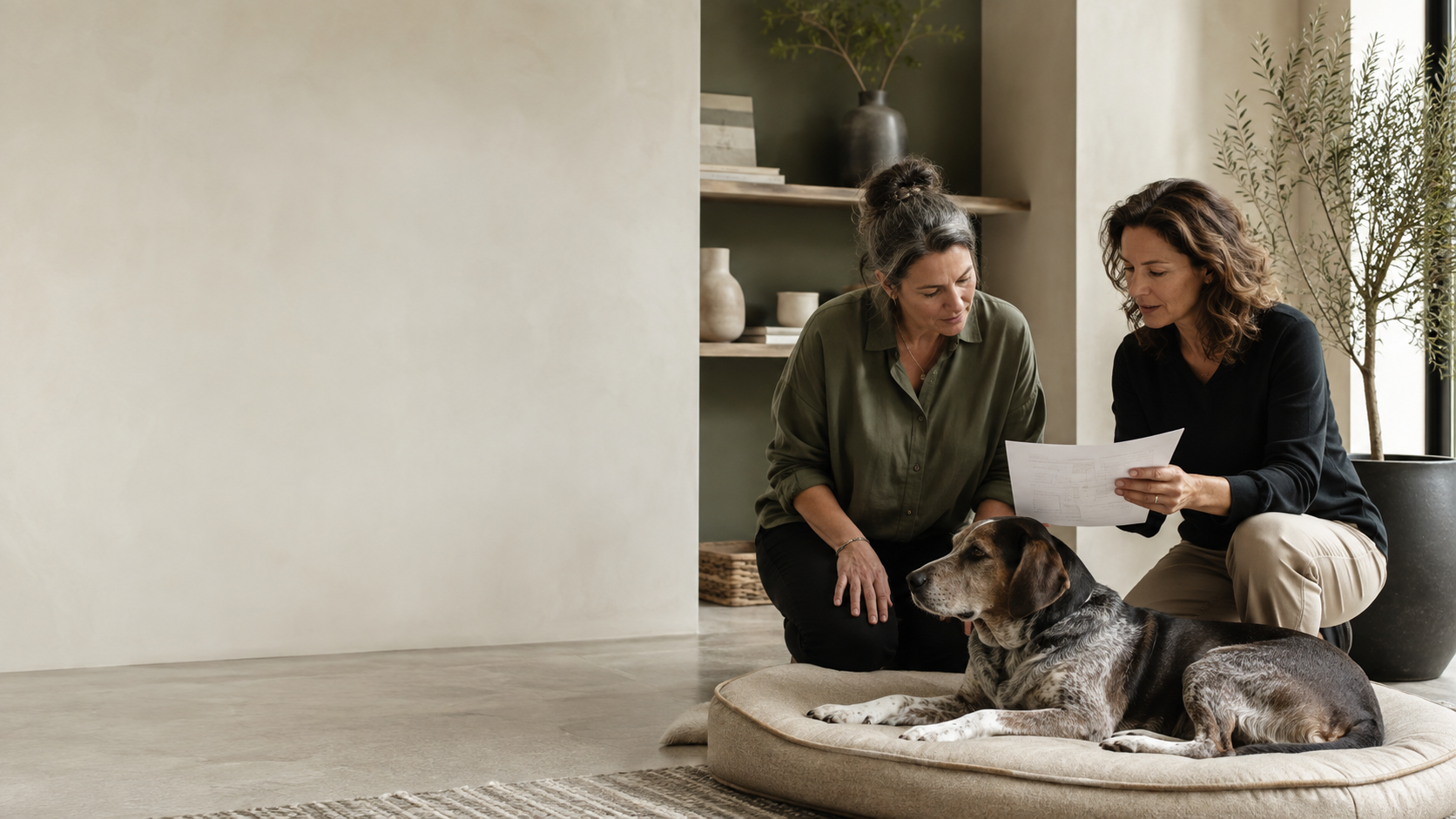 Two animal wellness professionals reviewing a care plan beside a relaxed adult dog.