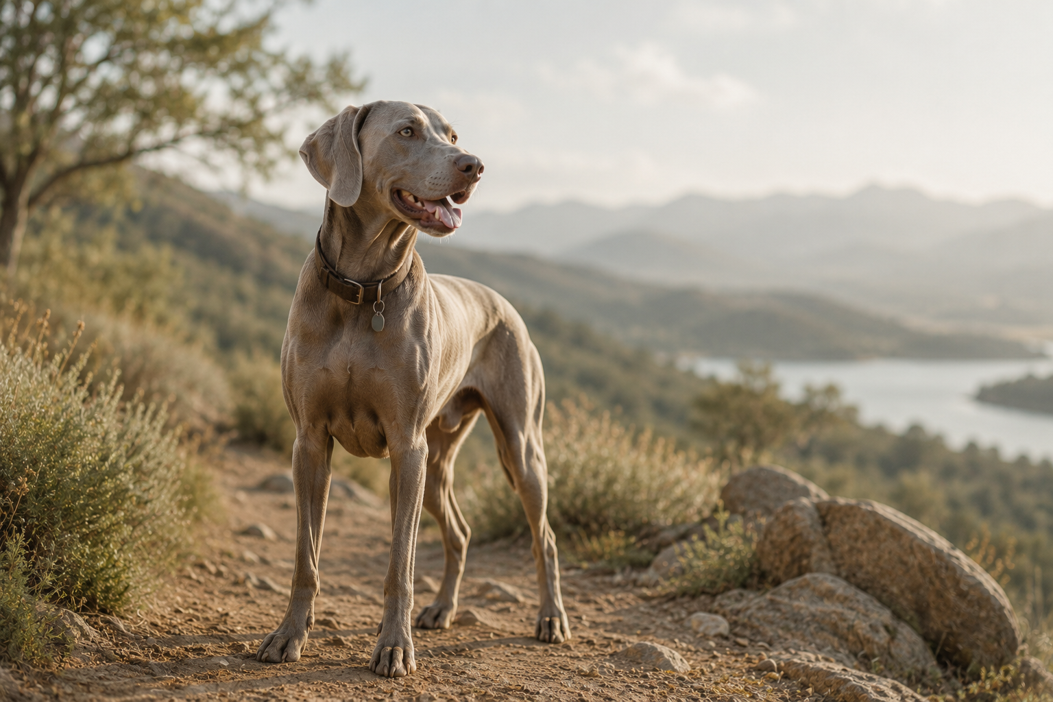 A Weimaraner dog standing on a dirt path in a natural outdoor setting with mountains, a river, and vegetation in the background during daytime.