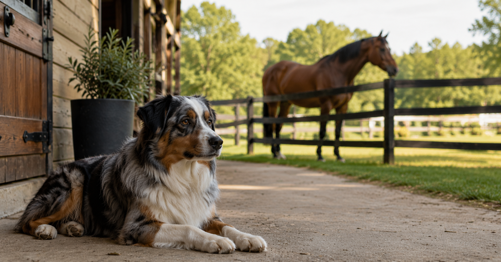 An Australian Shepherd dog lying on the ground near a barn, and a horse standing behind a wooden fence in a grassy field with trees in the background on a clear day.