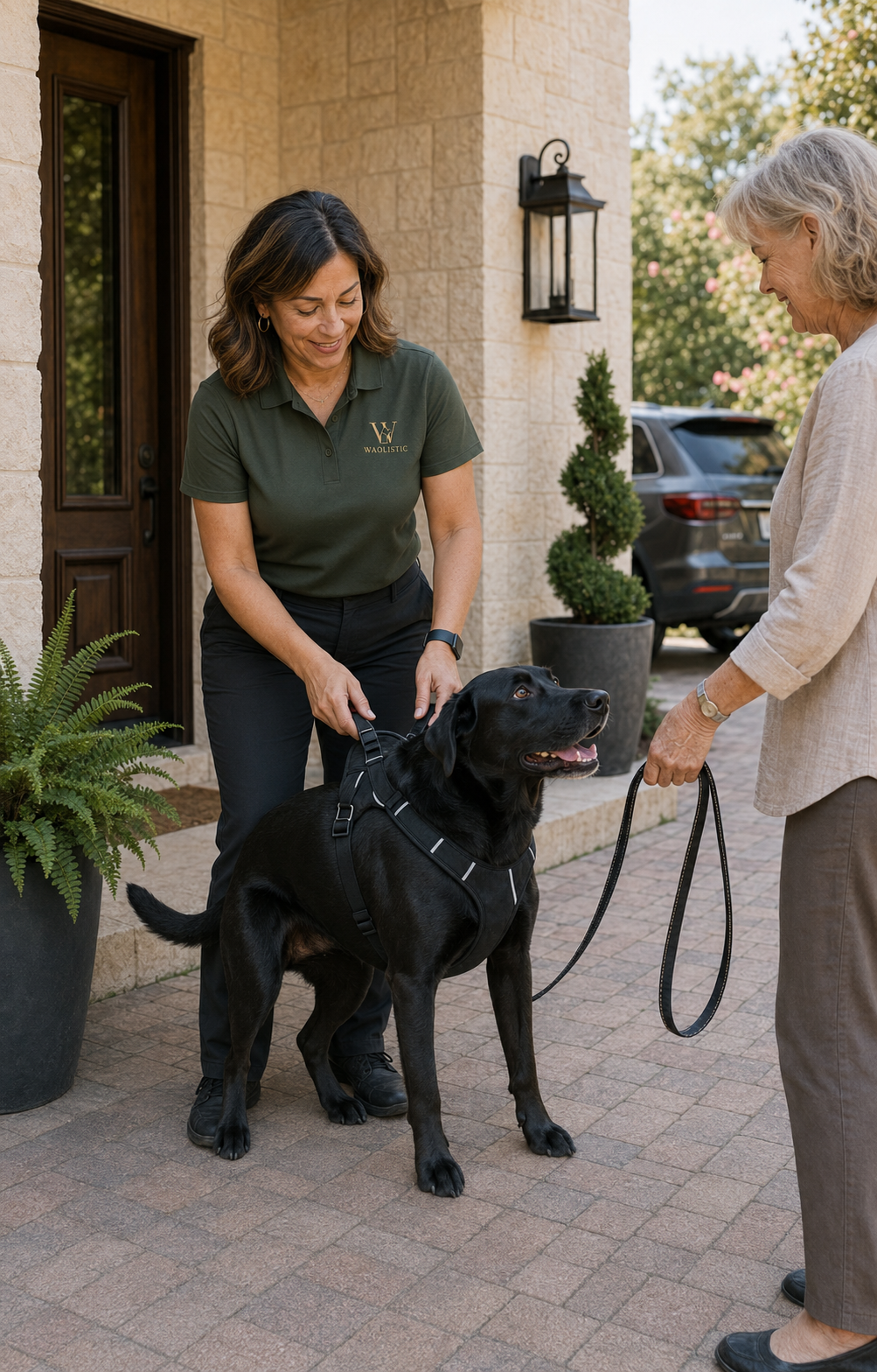 WAOLISTIC pet assistant receiving a dog from its owner for private transportation.