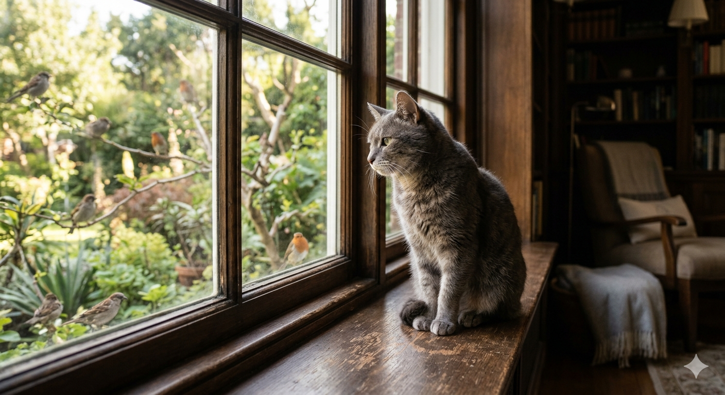 A gray cat sits on a wooden windowsill and watches birds in a peaceful garden.