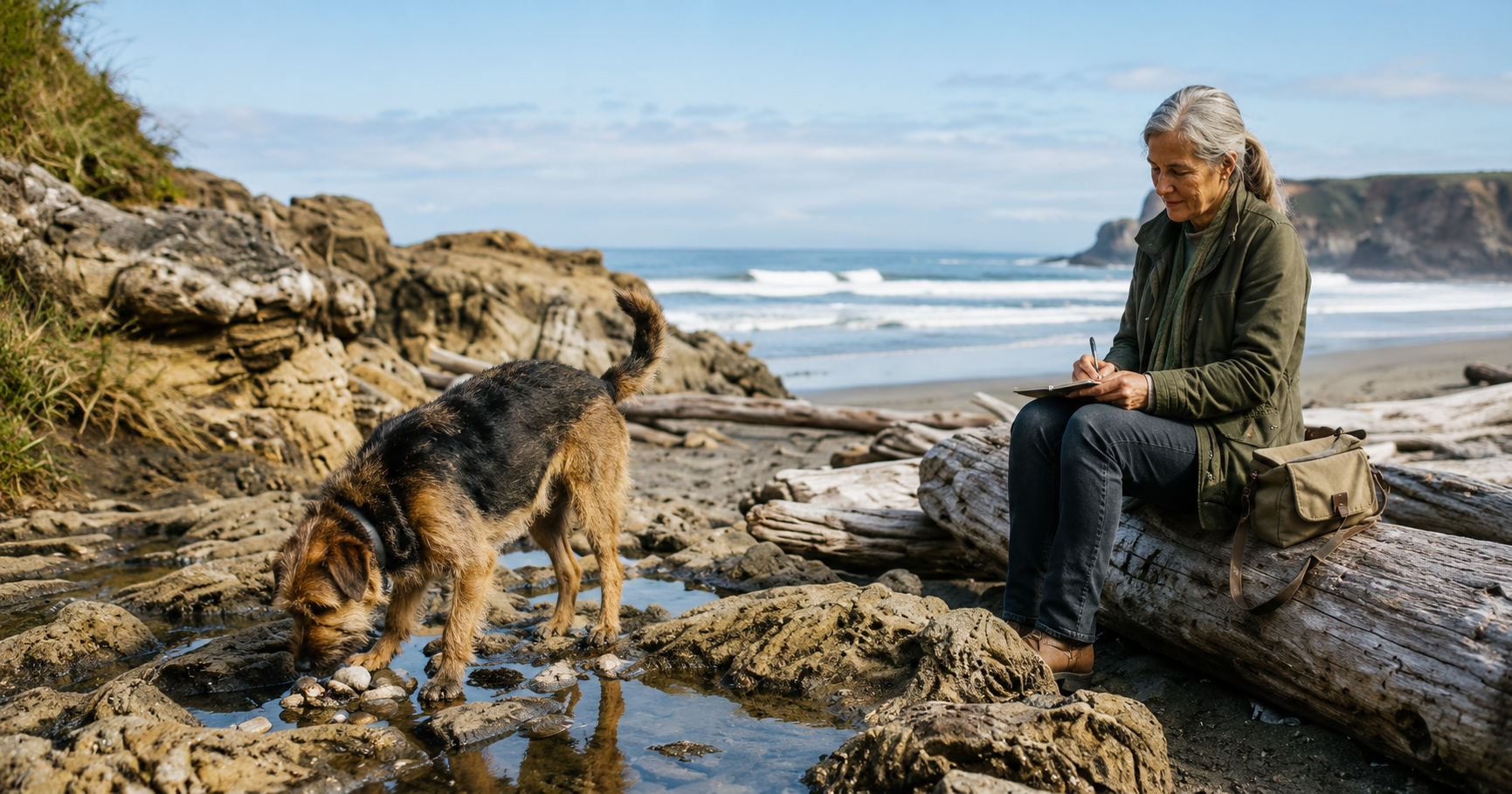 A woman writes in a notebook while her dog explores tide pools on a rocky beach.