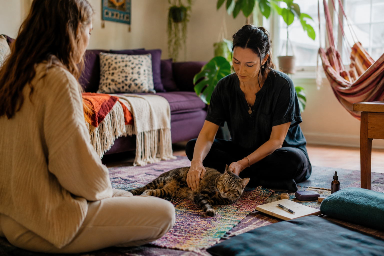 Two women sit with a relaxed tabby cat as one gently touches the cat during a home wellness session.