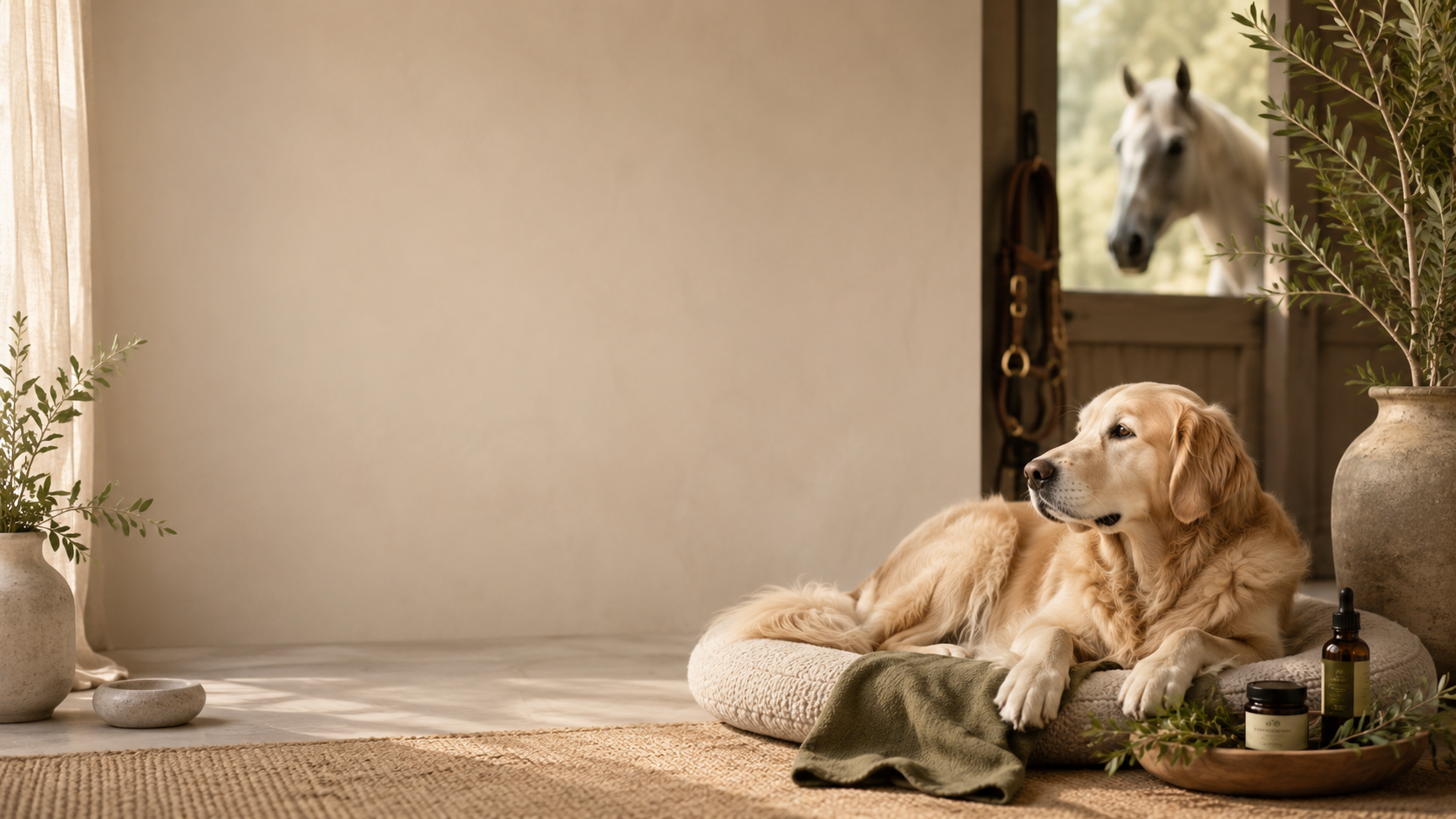 Golden retriever dog relaxing on a pet bed with plants and skincare products nearby, looking out a door where a white horse is visible outside.