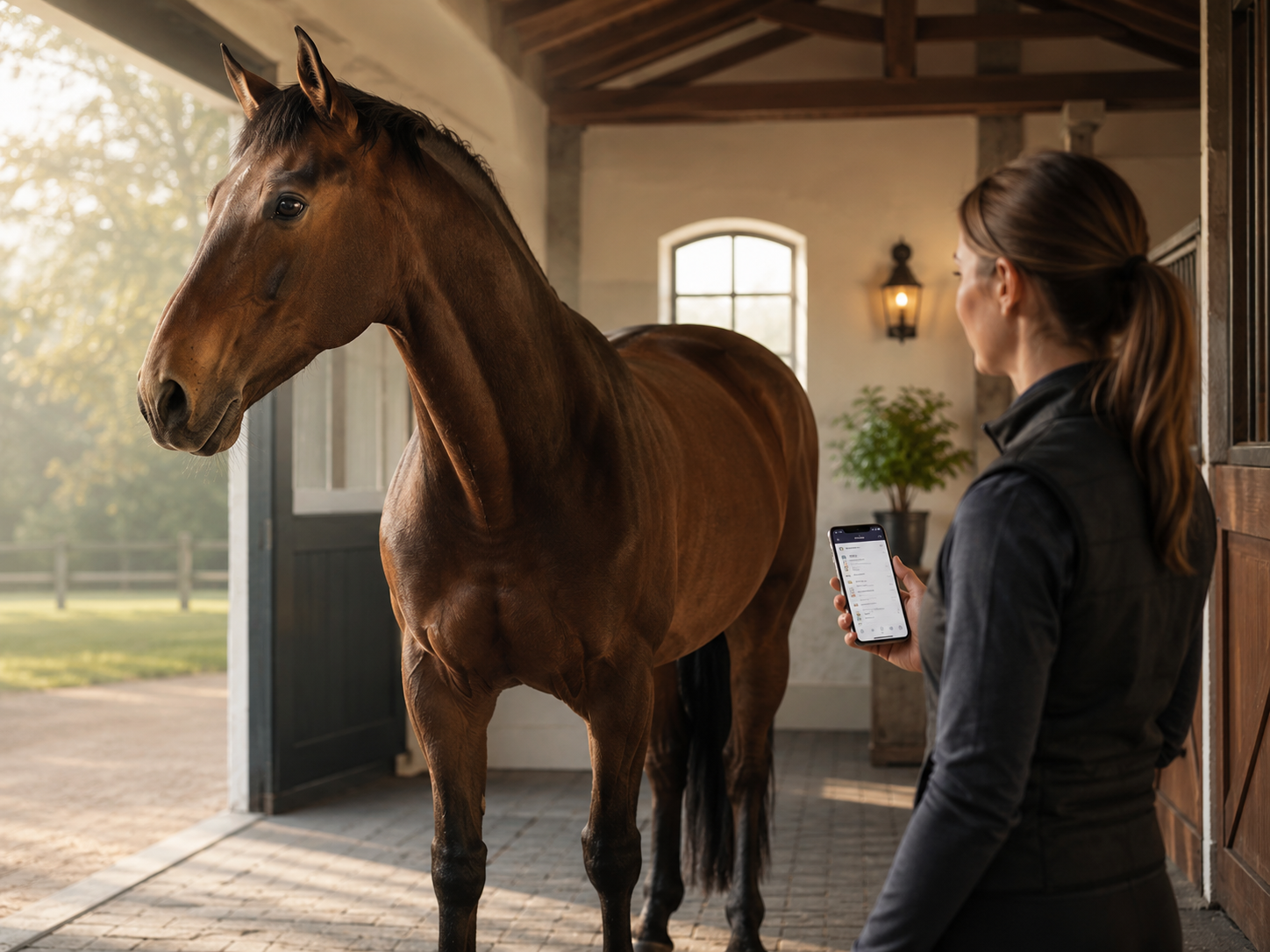 A woman holding a smartphone stands inside a horse stable, looking at a large brown horse. The stable has wood beams, a window with sunlight streaming in, and a potted plant.
