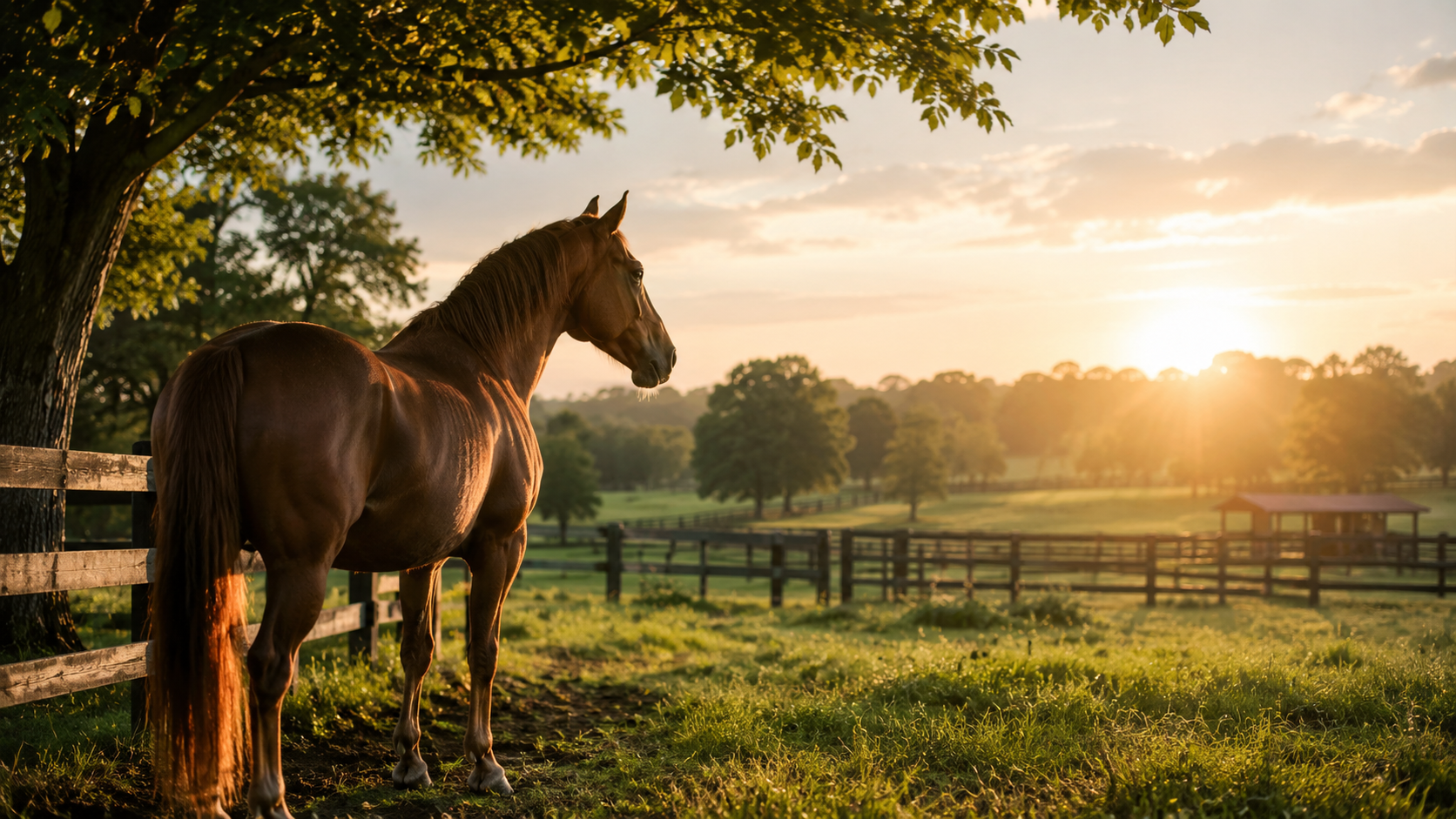 A brown horse stands beside a wooden fence in a sunlit green pasture.