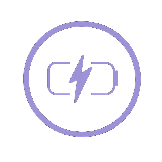 Icon of a battery with a lightning bolt in the center, enclosed in a circle, indicating charging or power.