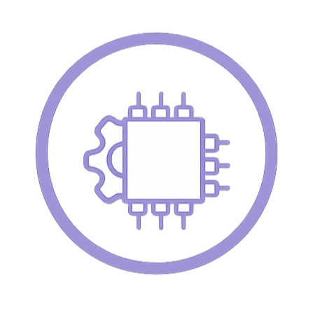 Icon of a gear and a microchip inside a purple circle.