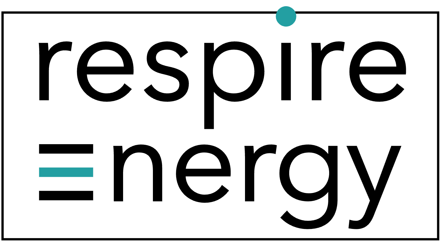 Text image with the words 'respect = energy' in black font on a white background, with a small teal circle above and a teal underline below the equal sign.