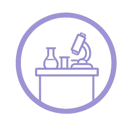 Icon of a microscope, a flask, and a petri dish on a laboratory table, enclosed in a purple circle.