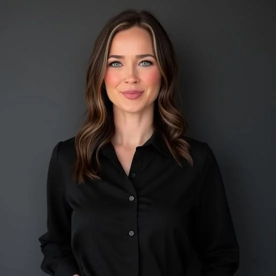 A young woman with shoulder-length brown hair and blue eyes, wearing a black button-up shirt, standing against a dark gray background.