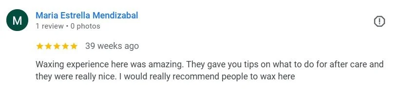 Online review by Maria Estrella Mendizabal praising a waxing service.