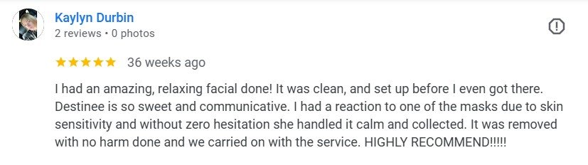 Screenshot of a positive review about a facial service, mentioning the cleanliness, relaxation, and effectiveness of the treatment.