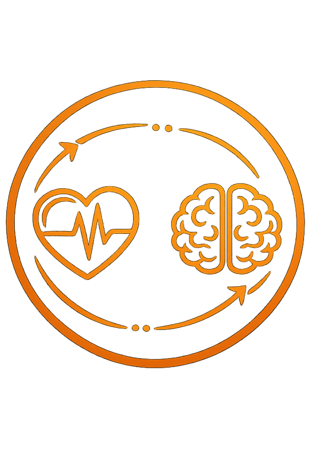 A digital illustration of a gold heart with a heartbeat line and a brain inside, connected by circular arrows, symbolizing health and mental well-being.